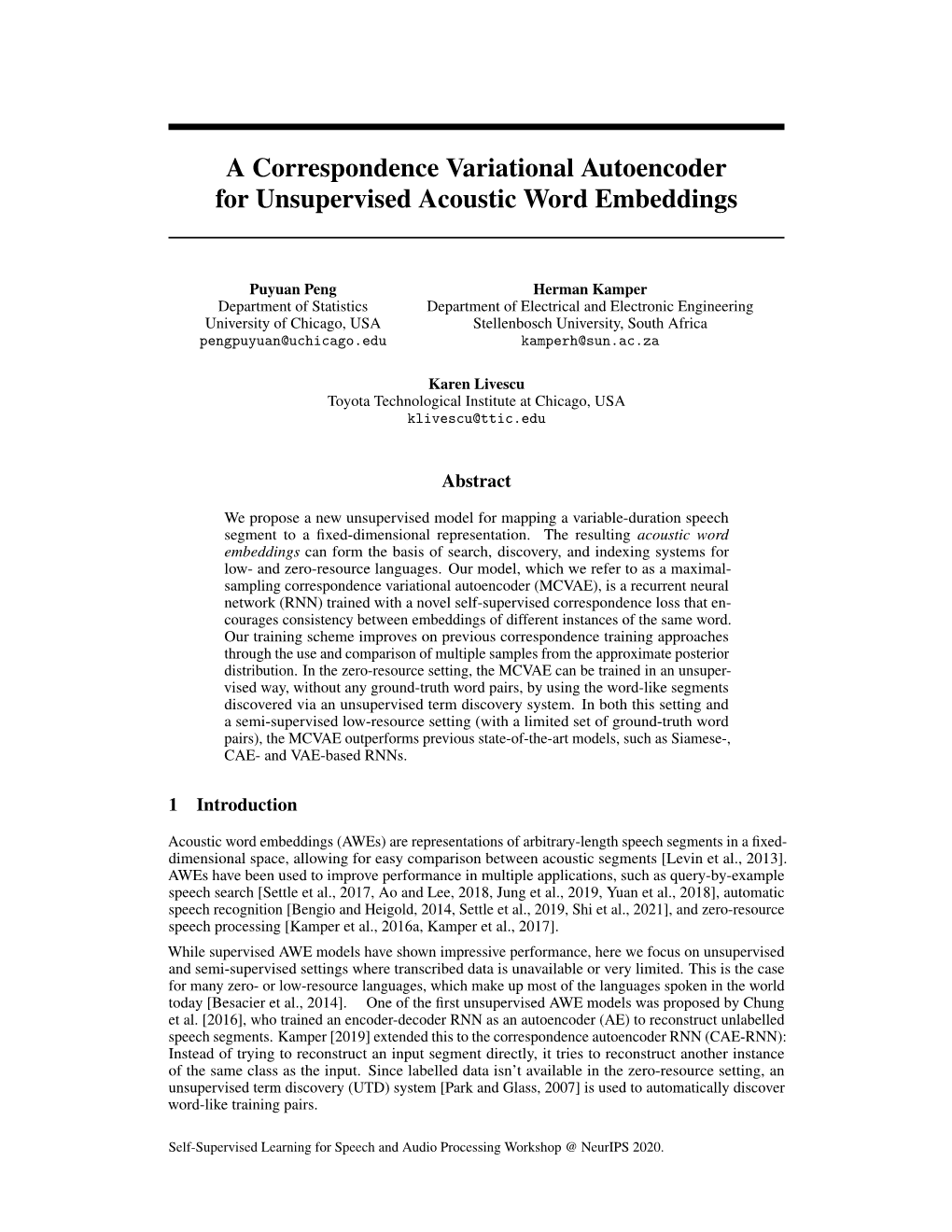 A Correspondence Variational Autoencoder for Unsupervised Acoustic Word Embeddings