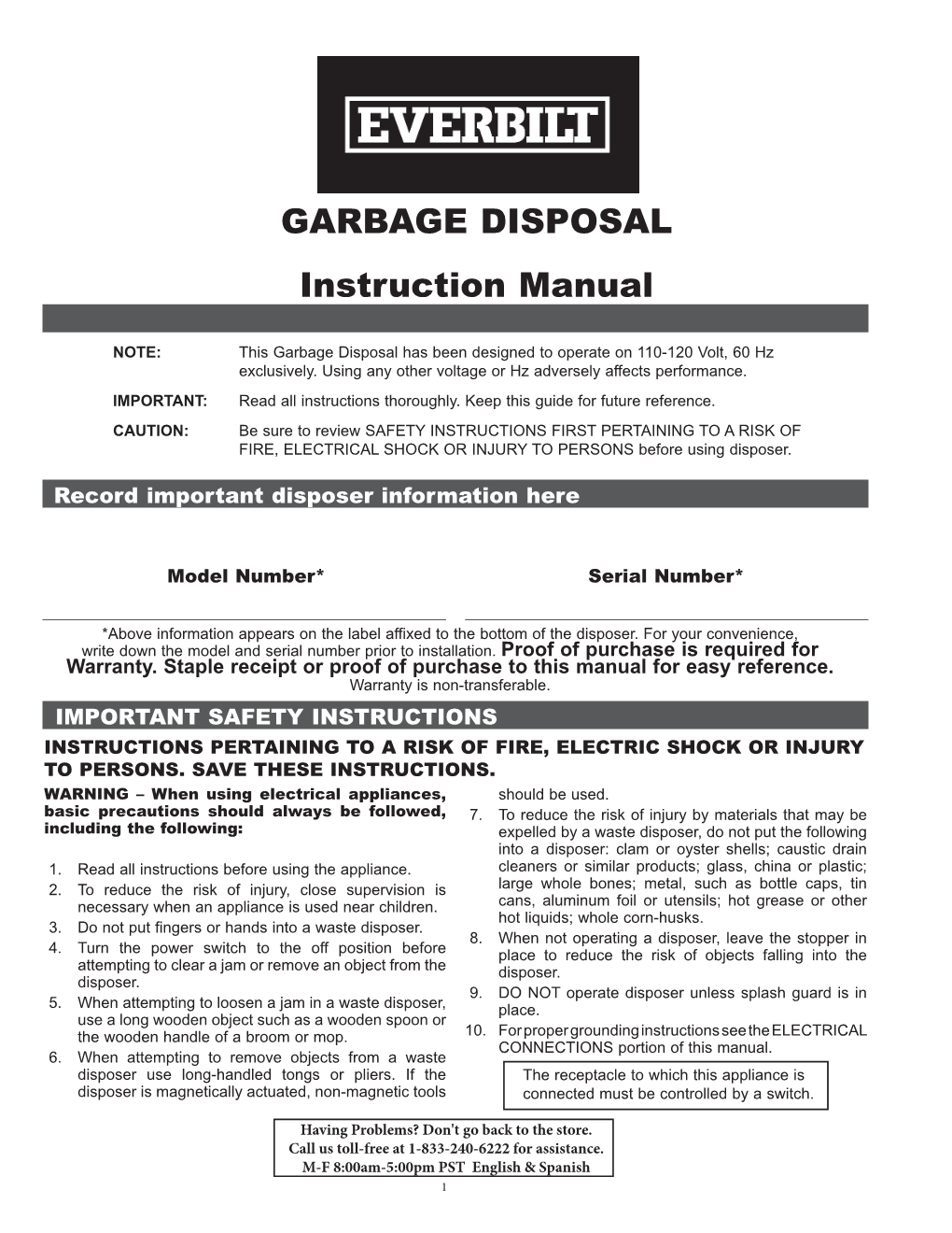 Instruction Manual GARBAGE DISPOSAL