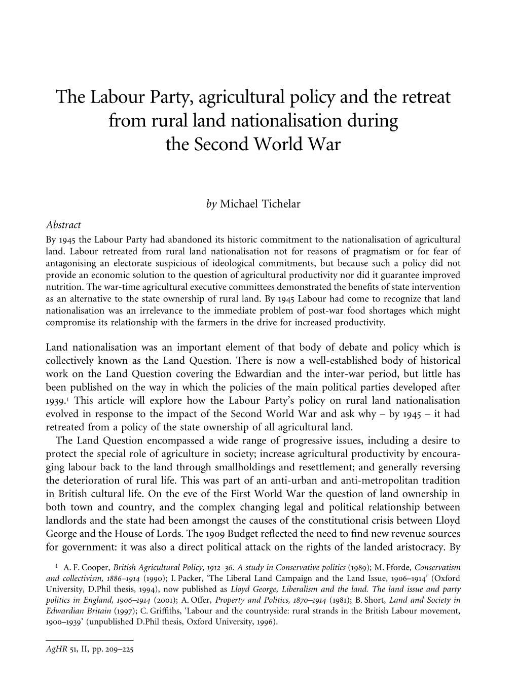 The Labour Party, Agricultural Policy and the Retreat from Rural Land Nationalisation During the Second World War
