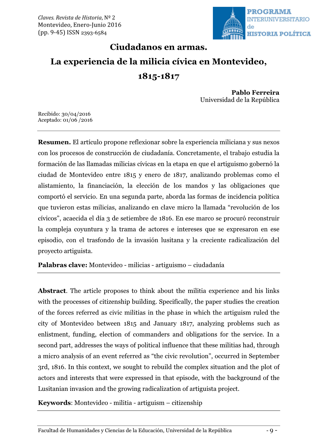 Ciudadanos En Armas. La Experiencia De La Milicia Cívica En Montevideo, 1815-1817