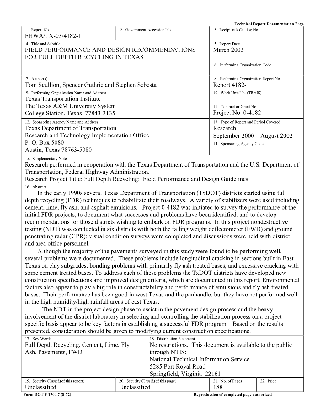 Field Performance and Design Recommendations for Full Depth Recycling in Texas