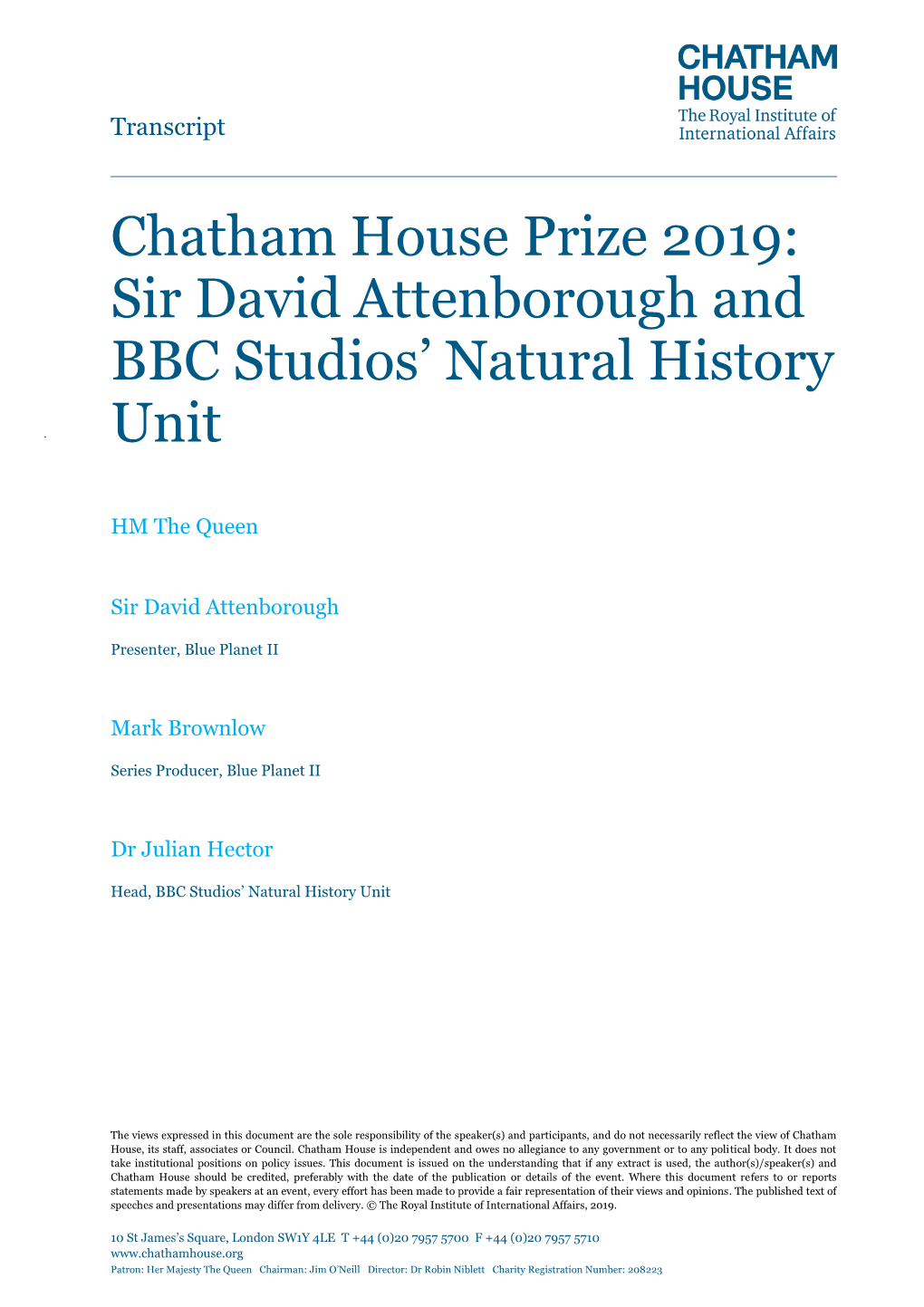 Chatham House Prize 2019: Sir David Attenborough and BBC Studios’ Natural History Unit