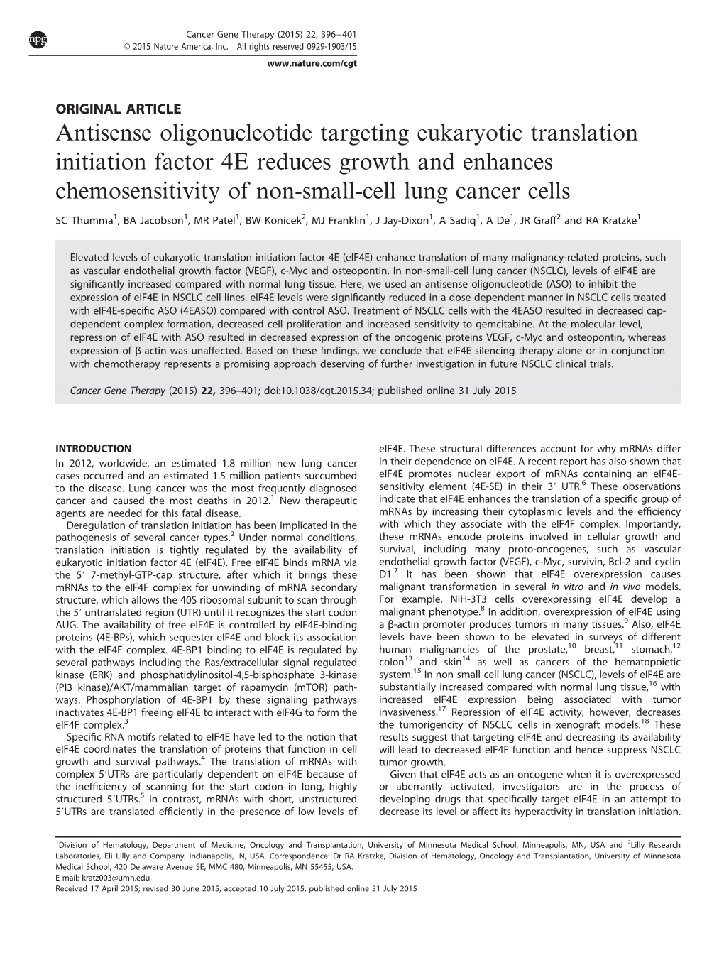 Antisense Oligonucleotide Targeting Eukaryotic Translation Initiation Factor 4E Reduces Growth and Enhances Chemosensitivity of Non-Small-Cell Lung Cancer Cells