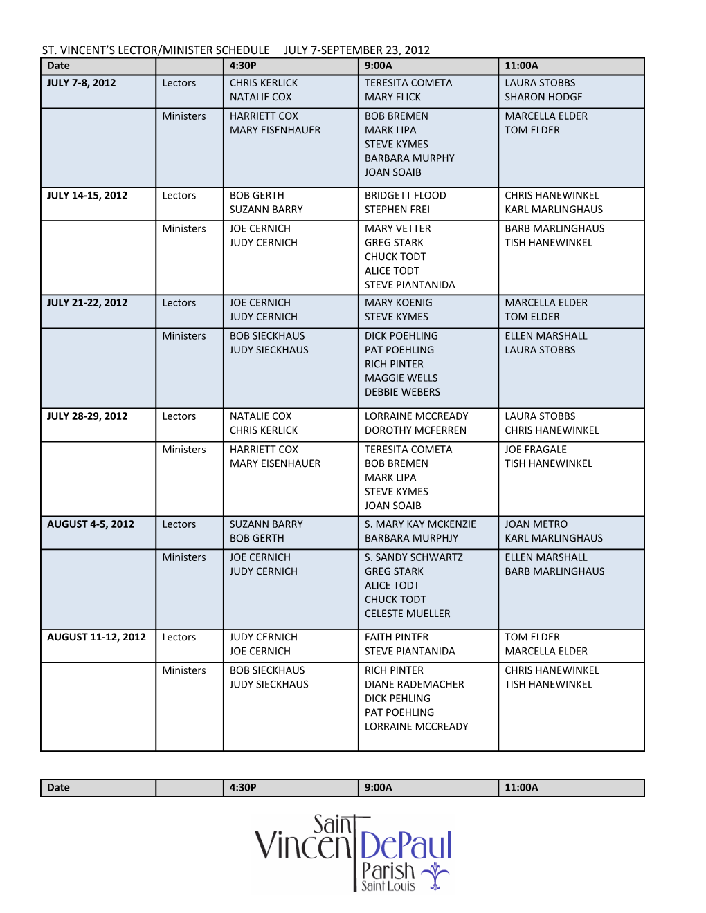 St. Vincent S Lector/Minister Schedule July 7-September 23, 2012