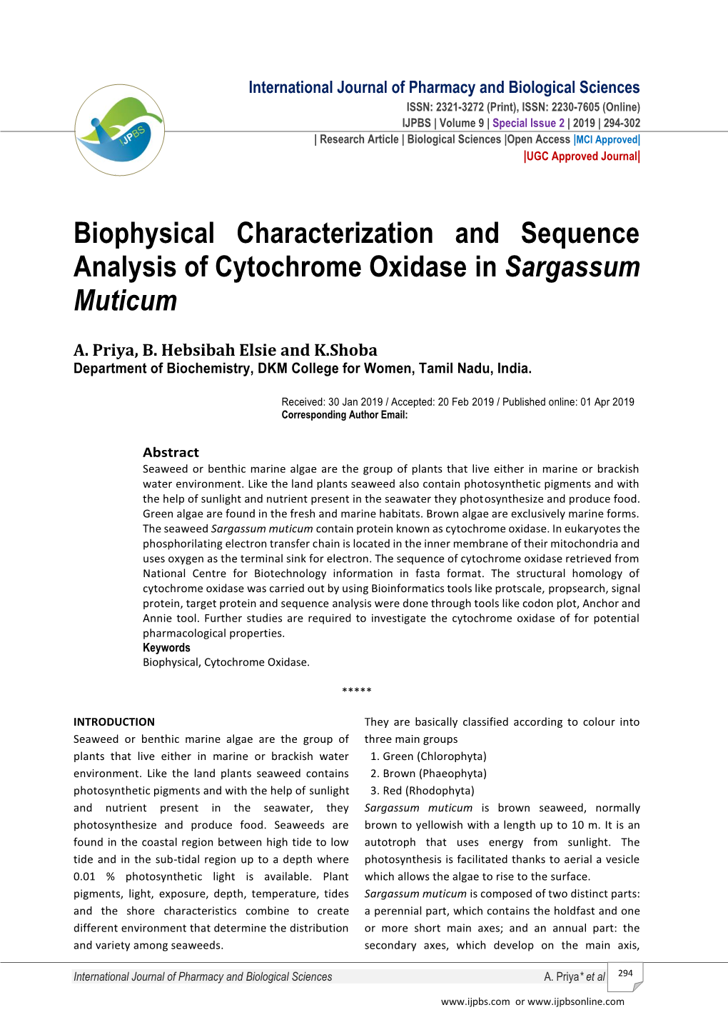 Biophysical Characterization and Sequence Analysis of Cytochrome Oxidase in Sargassum Muticum