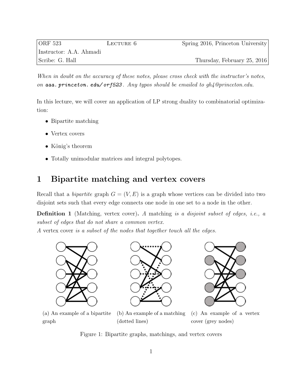 1 Bipartite Matching and Vertex Covers