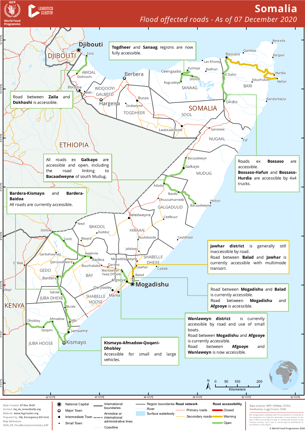 Somalia ( Flood Affected Roads - As of 07 December 2020 N " 0 ' 0 ° Bereeda 2 ! 1 Djibouti Togdheer and Sanaag Reg Ions Are Now \! Qandala Zaila ! ! Fully Accessible