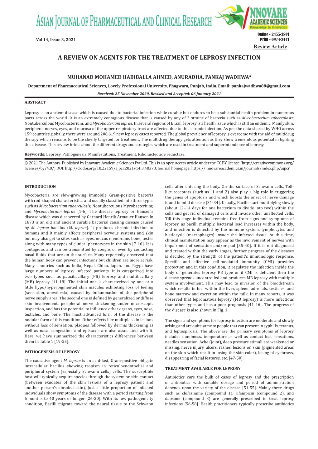 A Review on Agents for the Treatment of Leprosy Infection