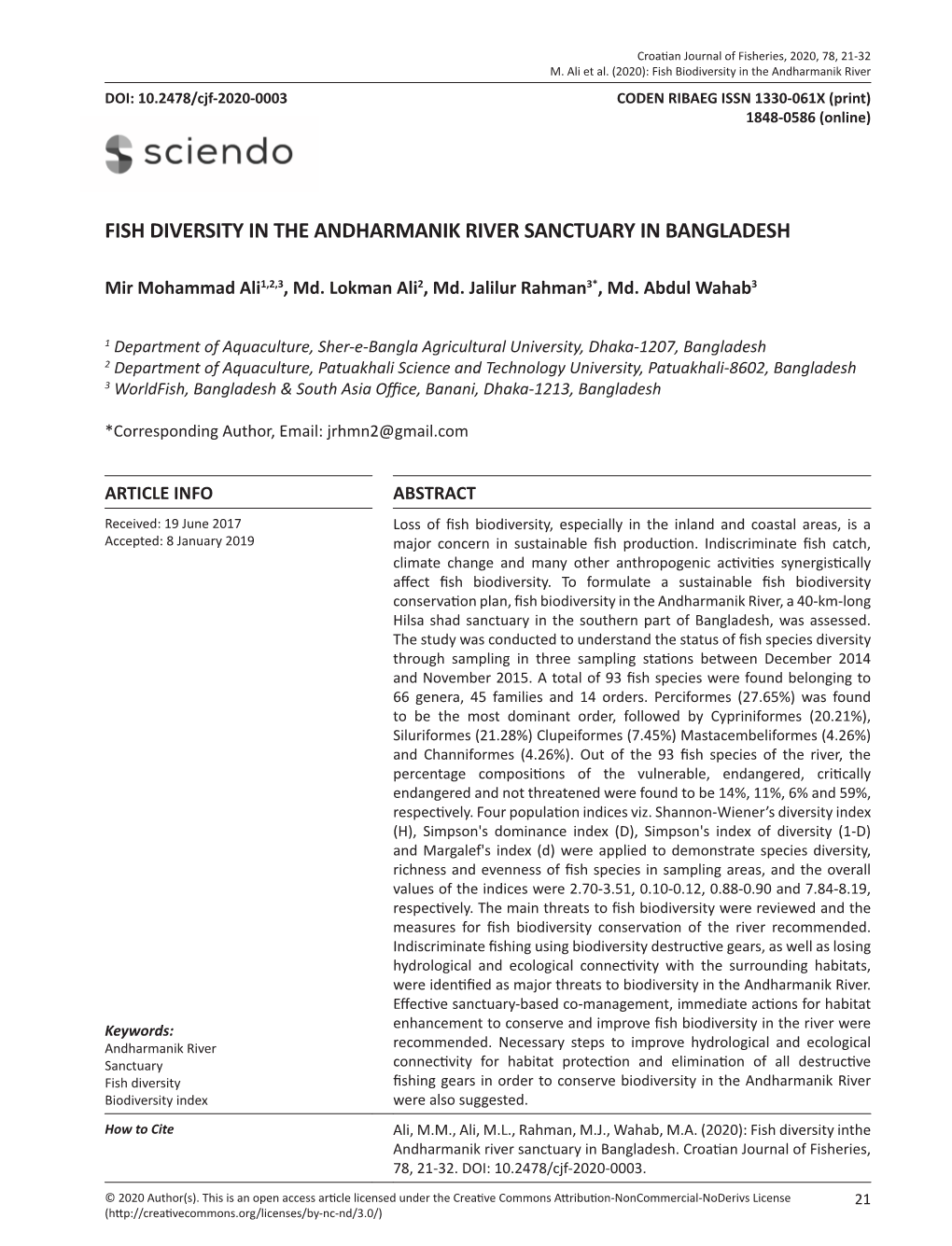 Fish Diversity in the Andharmanik River Sanctuary in Bangladesh