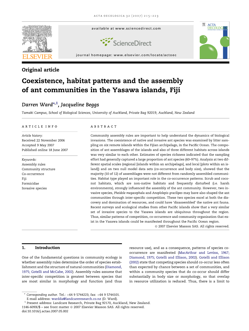 Coexistence, Habitat Patterns and the Assembly of Ant Communities in the Yasawa Islands, Fiji