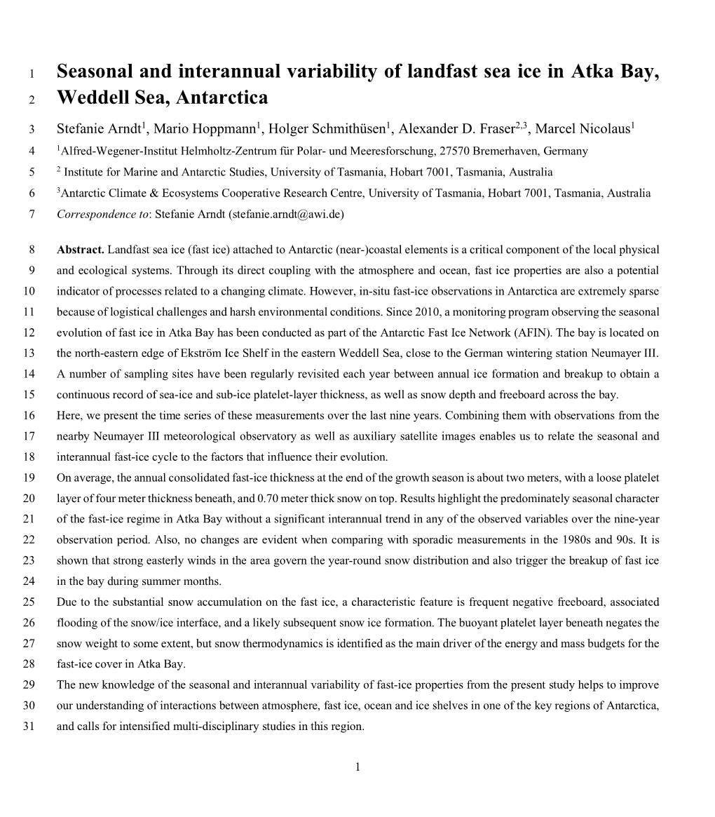 Seasonal and Interannual Variability of Landfast Sea Ice in Atka Bay, 2 Weddell Sea, Antarctica