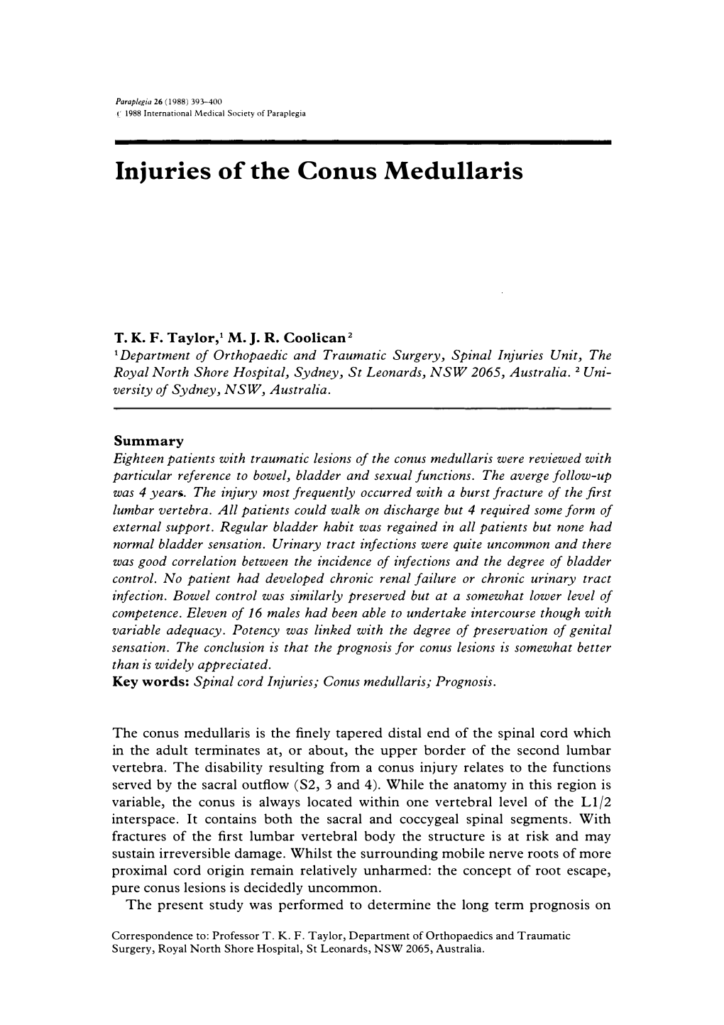 Injuries of the Conus Medullaris