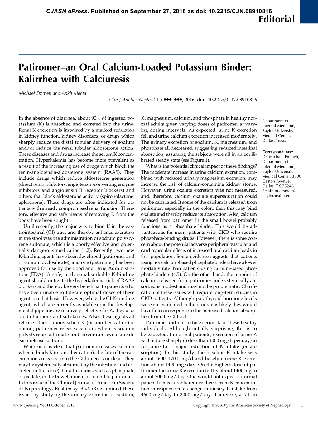 Patiromer–An Oral Calcium-Loaded Potassium Binder: Kalirrhea with Calciuresis