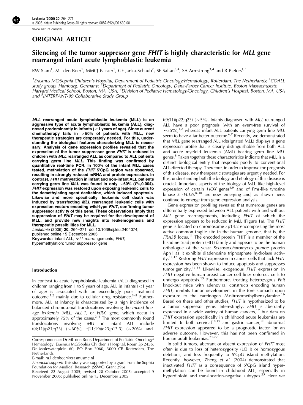 Silencing of the Tumor Suppressor Gene FHIT Is Highly Characteristic for MLL Gene Rearranged Infant Acute Lymphoblastic Leukemia