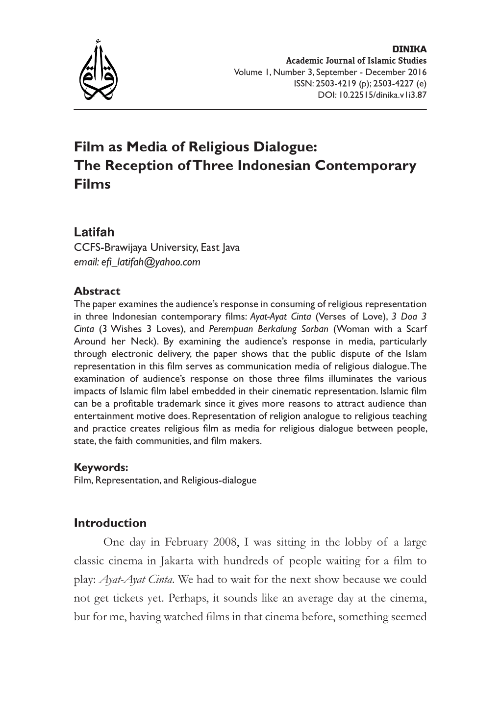 Film As Media of Religious Dialogue: the Reception of Three Indonesian Contemporary Films