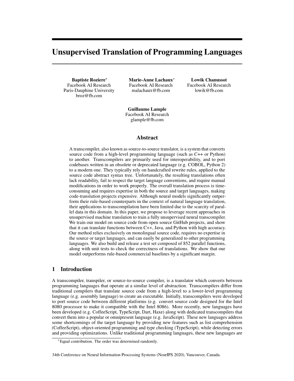 Unsupervised Translation of Programming Languages