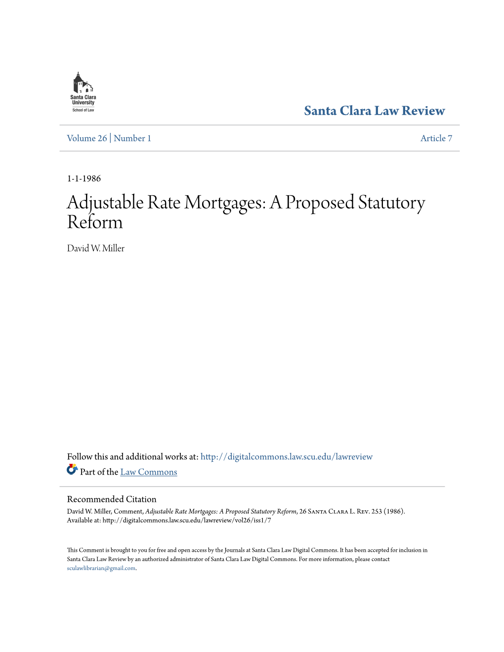 Adjustable Rate Mortgages: a Proposed Statutory Reform David W