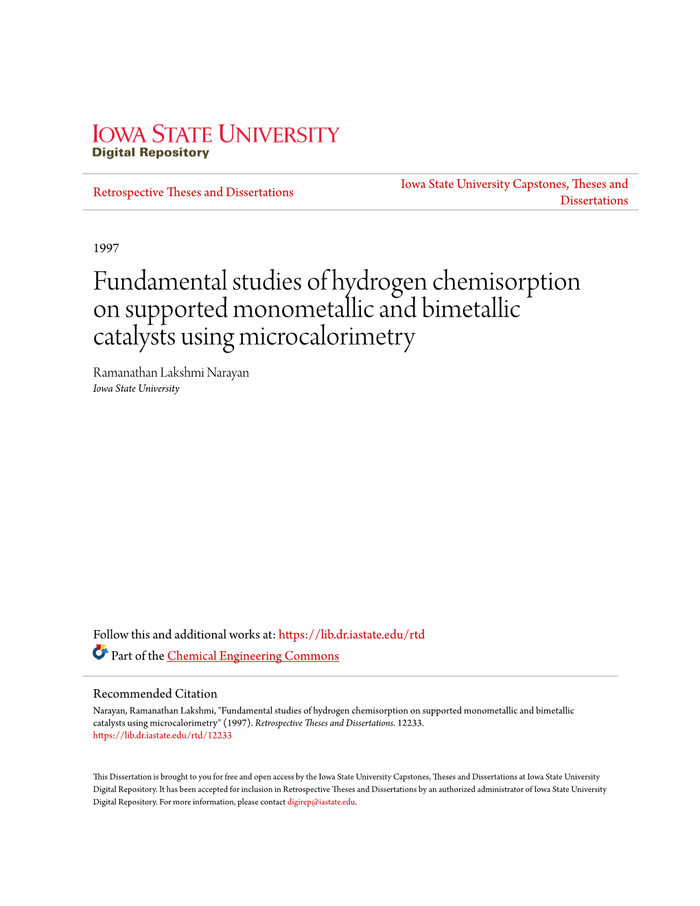 Fundamental Studies of Hydrogen Chemisorption on Supported