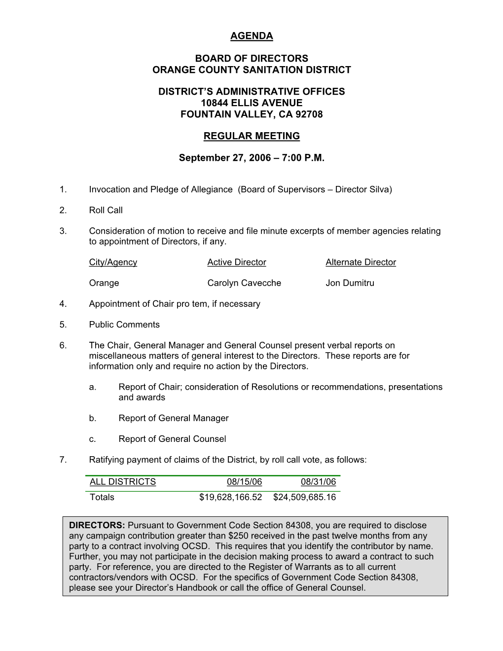 Agenda Board of Directors Orange County Sanitation
