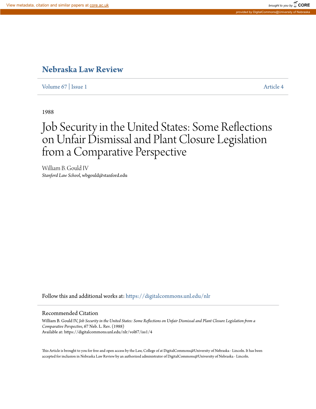 Some Reflections on Unfair Dismissal and Plant Closure Legislation from a Comparative Perspective William B