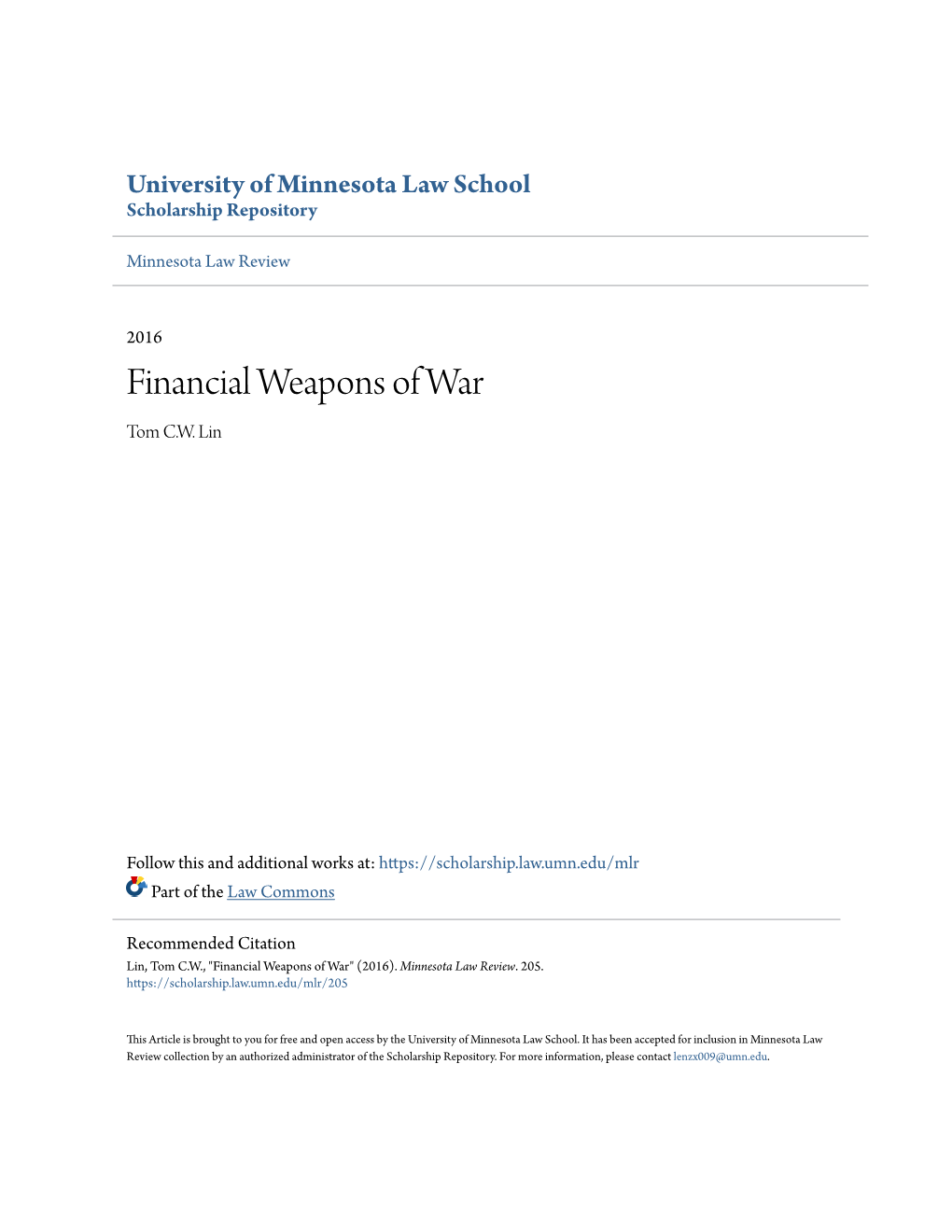 Financial Weapons of War Tom C.W