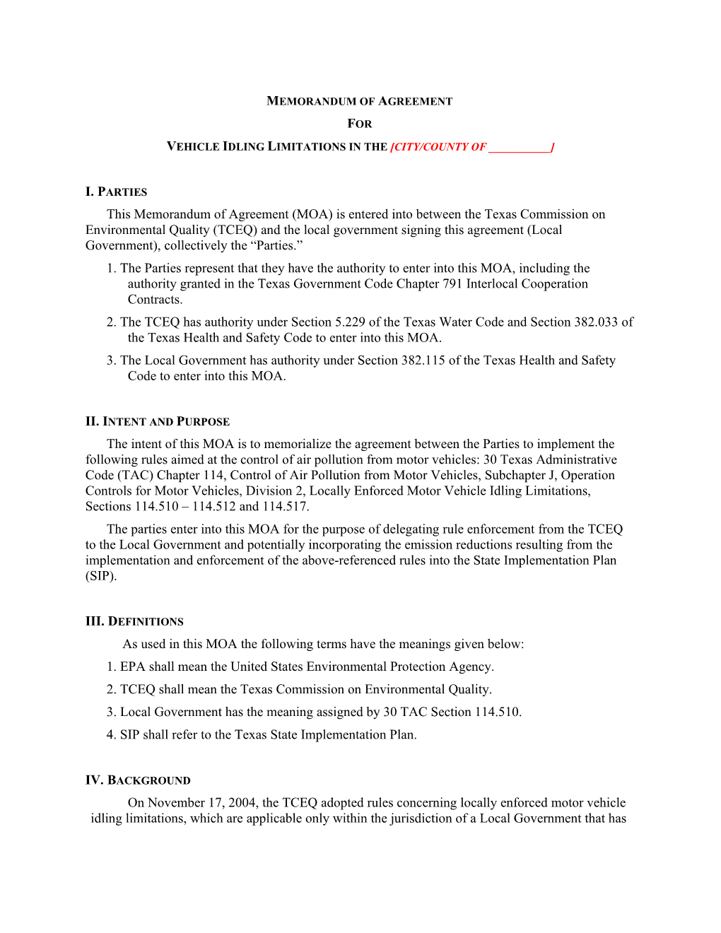 VEHICLE IDLING LIMITATIONS in the City/County of ______