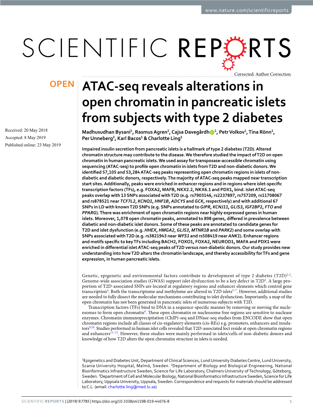 ATAC-Seq Reveals Alterations in Open Chromatin in Pancreatic Islets From