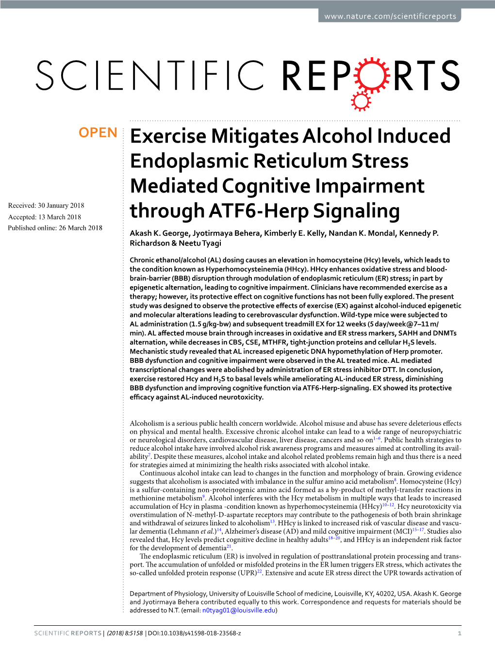 Exercise Mitigates Alcohol Induced Endoplasmic Reticulum Stress