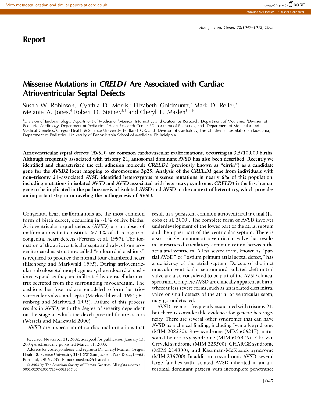 Report Missense Mutations in CRELD1 Are Associated With