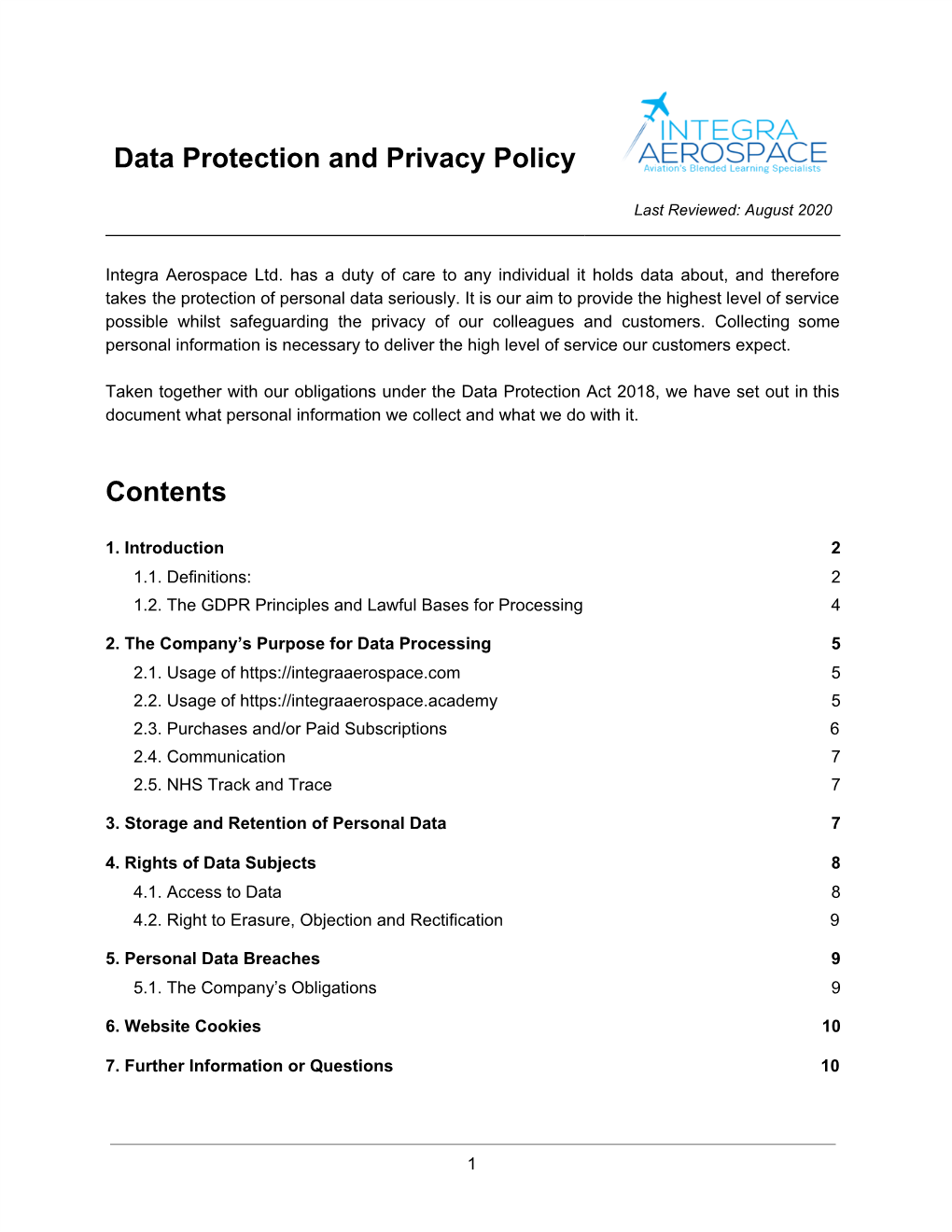 Data Protection and Privacy Policy Contents