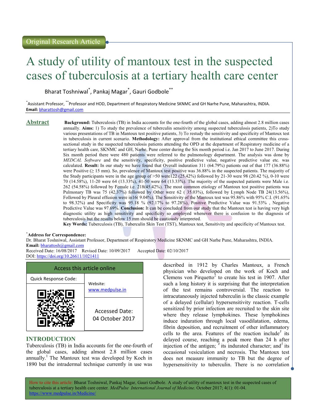 A Study of Utility of Mantoux Test in the Suspected Cases of Tuberculosis at a Tertiary Health Care Center