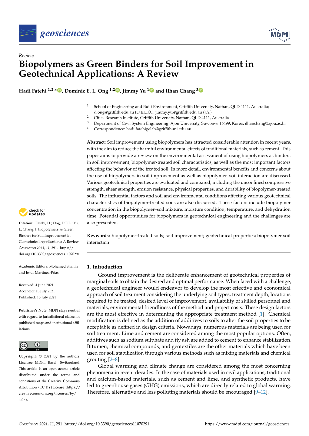 Biopolymers As Green Binders for Soil Improvement in Geotechnical Applications: a Review