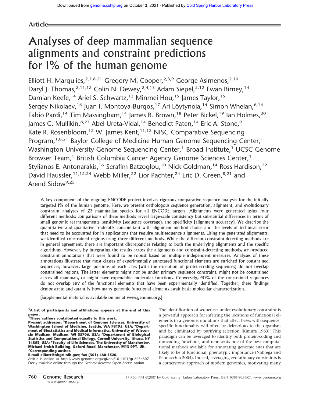 Analyses of Deep Mammalian Sequence Alignments and Constraint Predictions for 1% of the Human Genome