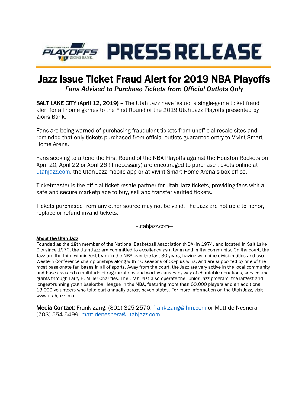 Jazz Issue Ticket Fraud Alert for 2019 NBA Playoffs Fans Advised to Purchase Tickets from Official Outlets Only