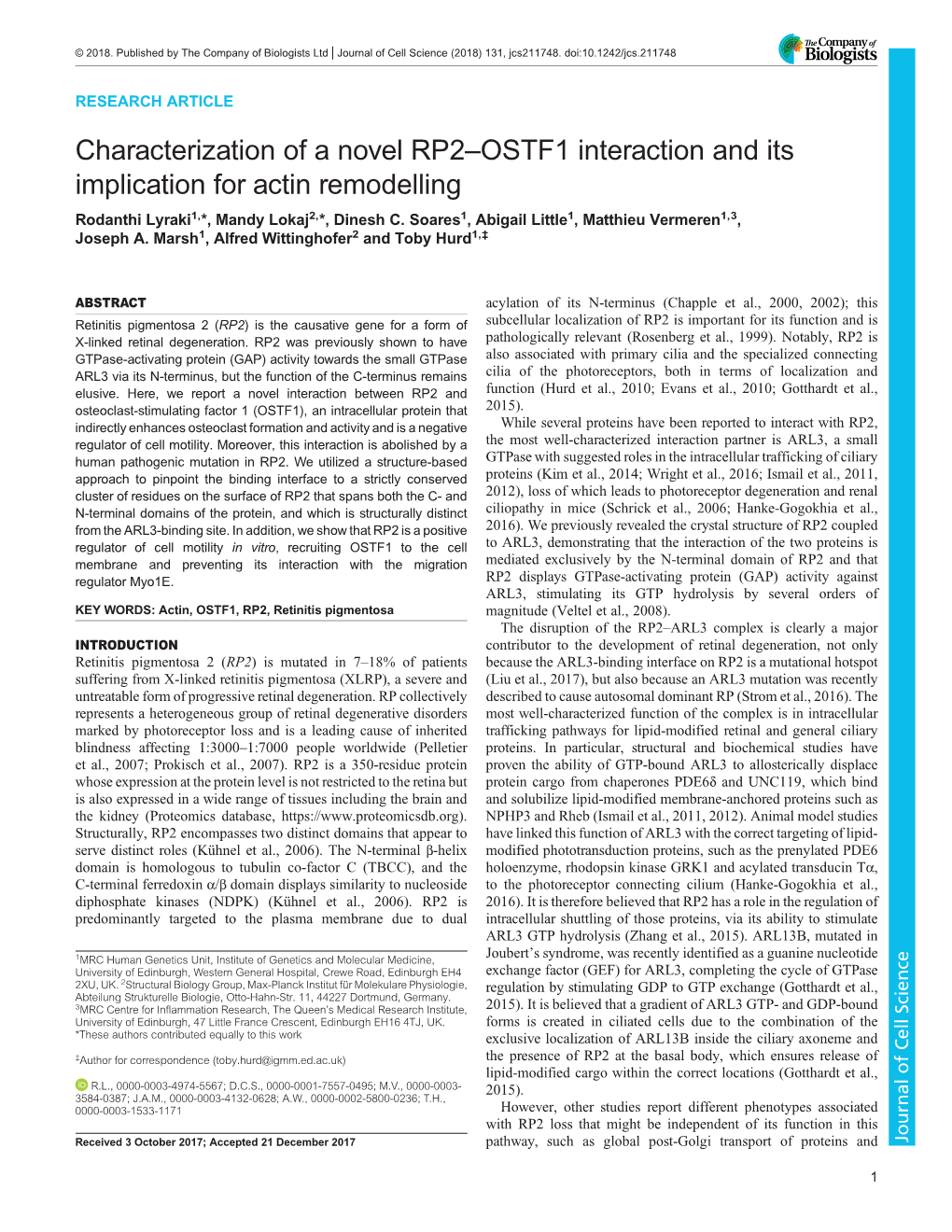 Characterization of a Novel RP2–OSTF1 Interaction and Its Implication for Actin Remodelling Rodanthi Lyraki1,*, Mandy Lokaj2,*, Dinesh C