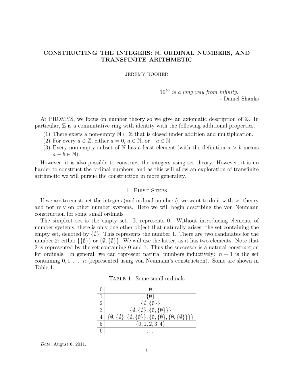 CONSTRUCTING the INTEGERS: N, ORDINAL NUMBERS, and TRANSFINITE ARITHMETIC 1050 Is a Long Way from Infinity