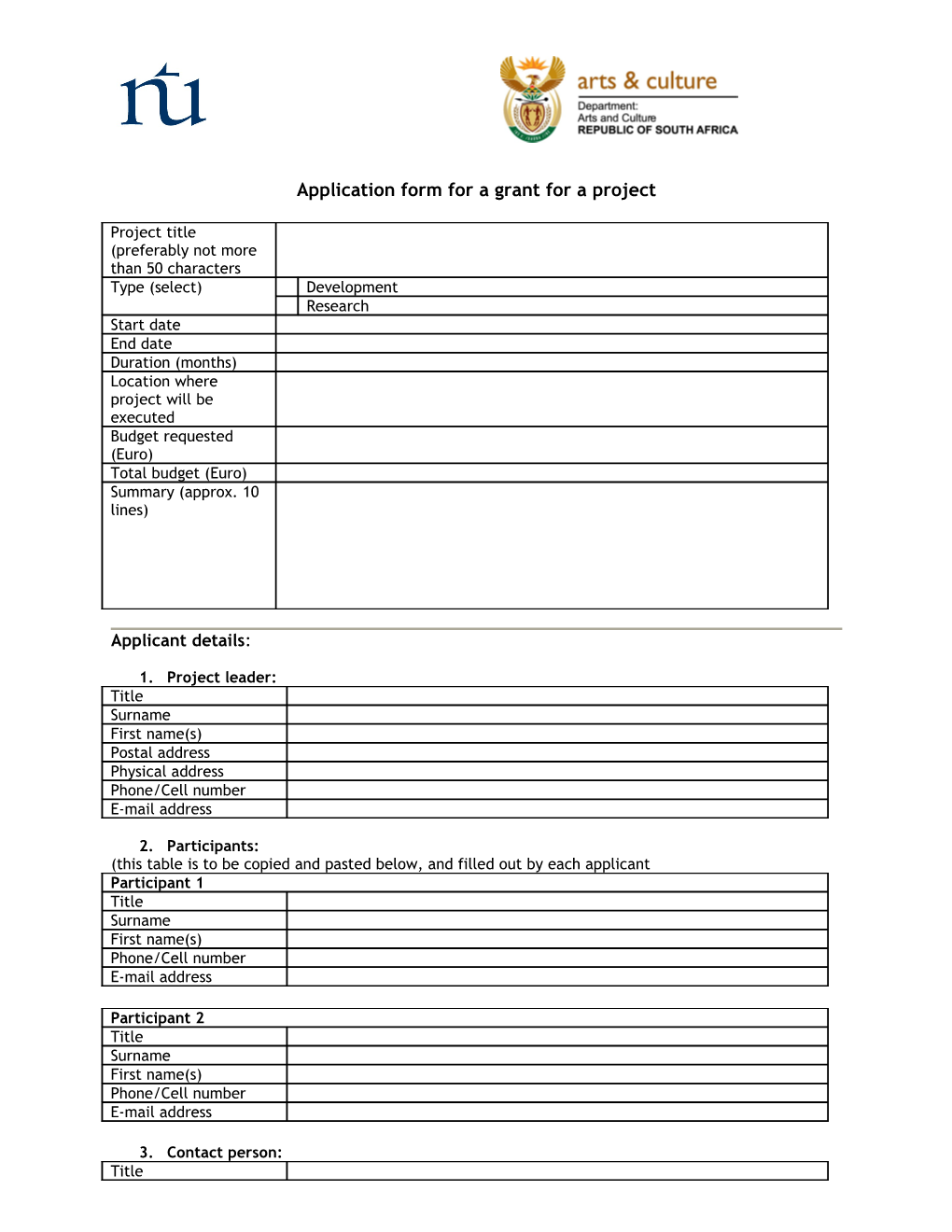 Application Form for a Grant for a Project