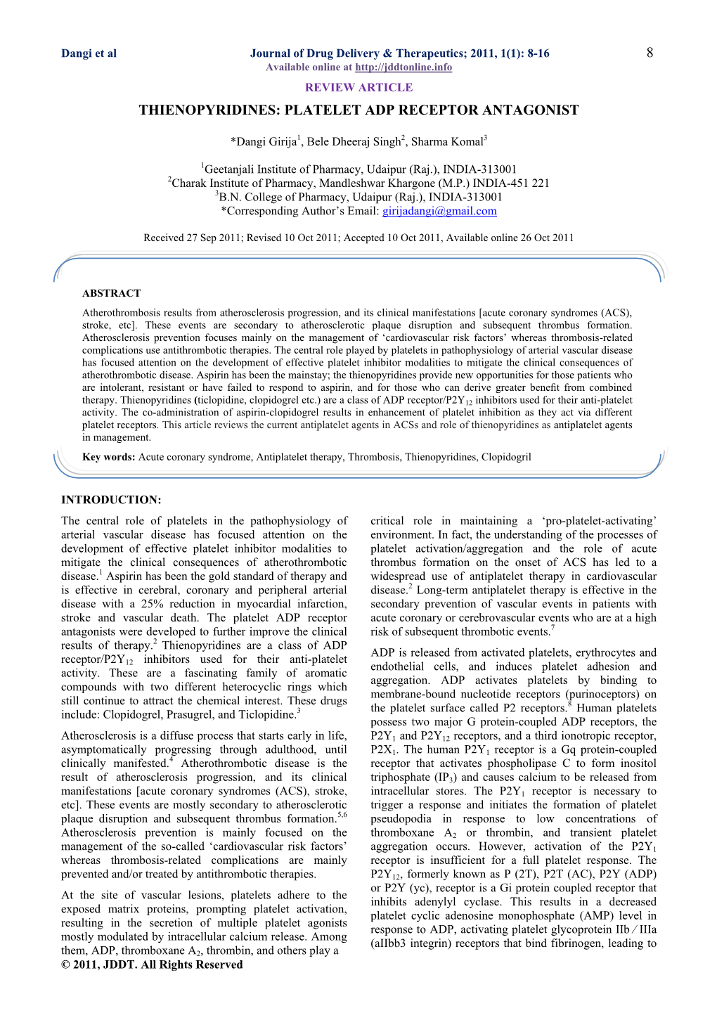 8 Thienopyridines: Platelet Adp Receptor Antagonist