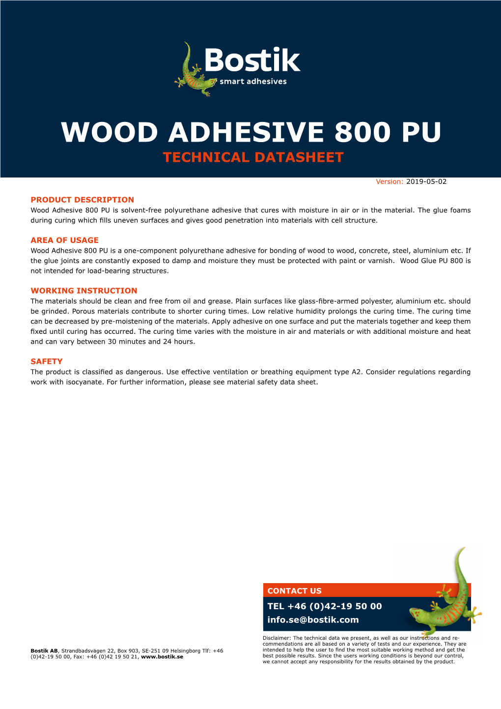 Wood Adhesive 800 Pu Technical Datasheet