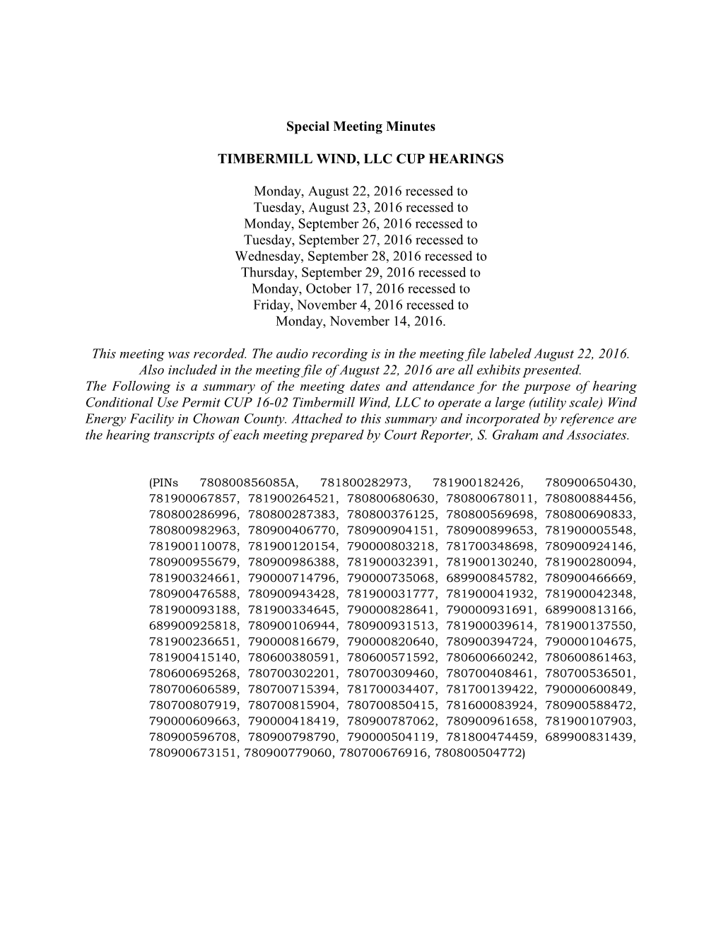 Special Meeting Minutes TIMBERMILL WIND, LLC CUP HEARINGS