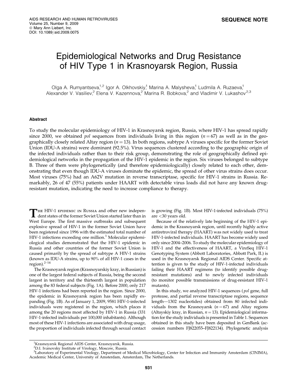 Epidemiological Networks and Drug Resistance of HIV Type 1 in Krasnoyarsk Region, Russia