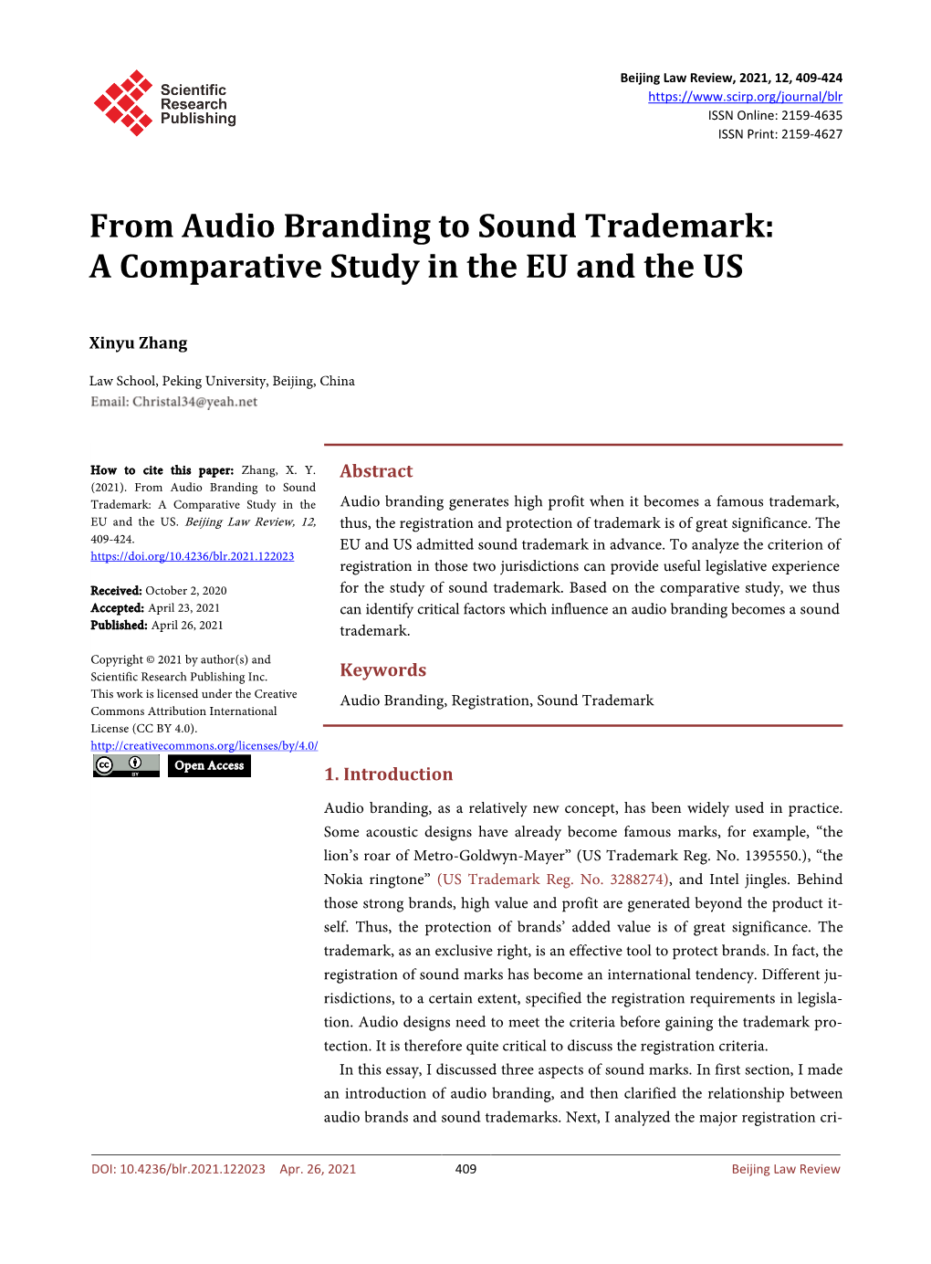 From Audio Branding to Sound Trademark: a Comparative Study in the EU and the US