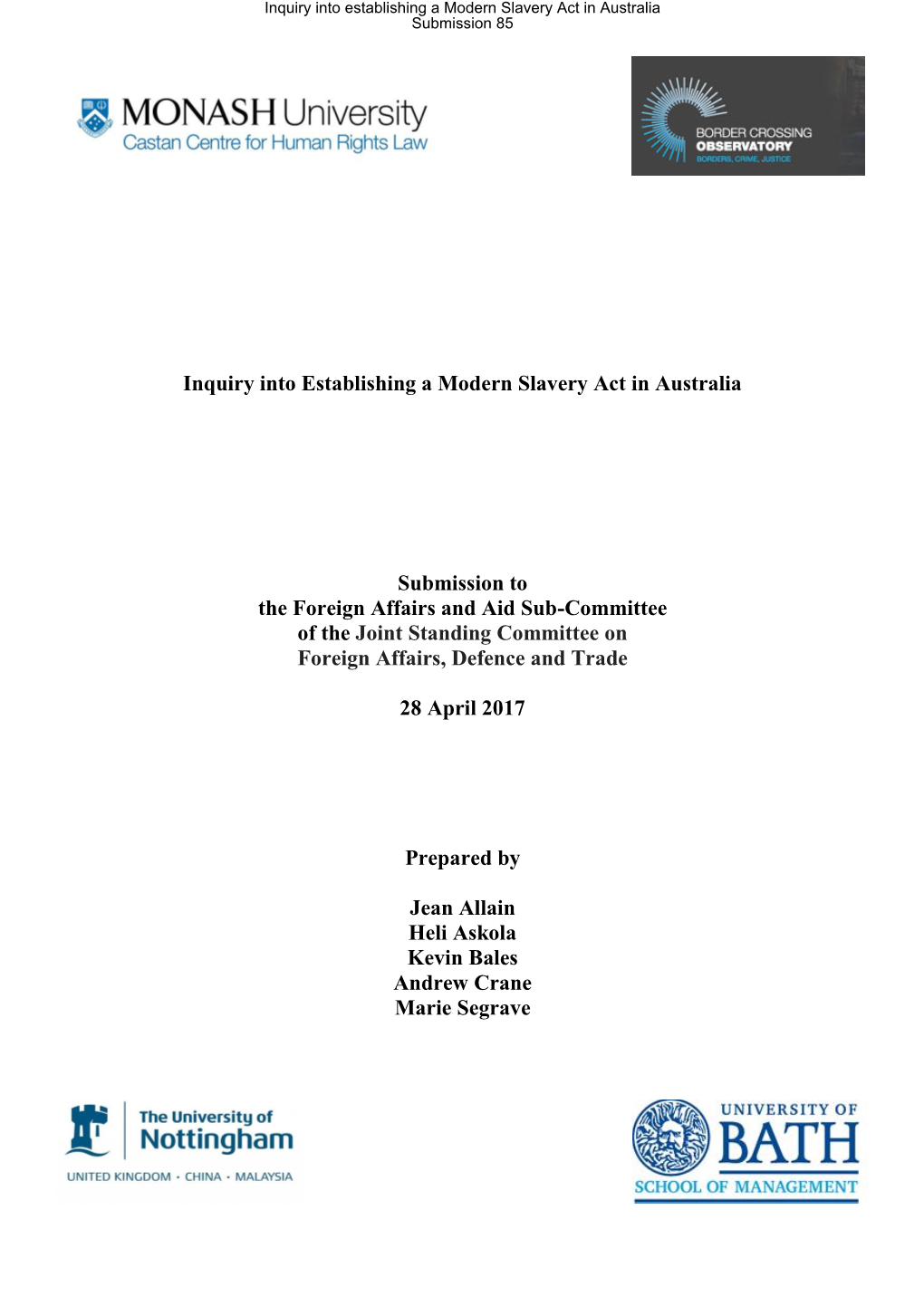 Inquiry Into Establishing a Modern Slavery Act in Australia Submission 85