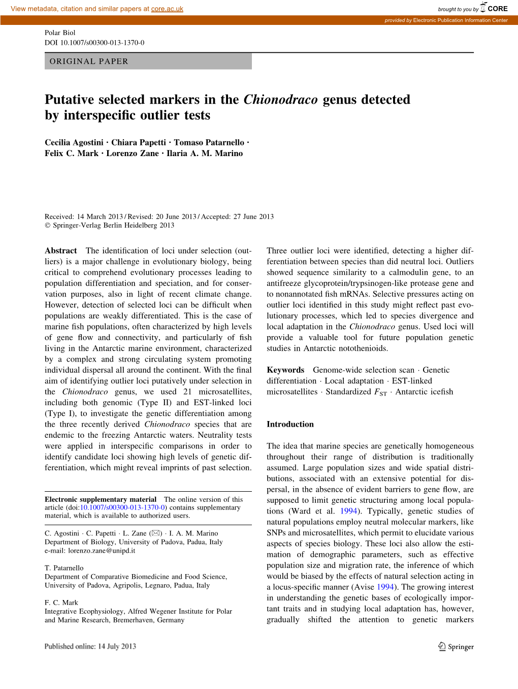 Putative Selected Markers in the Chionodraco Genus Detected by Interspeciﬁc Outlier Tests