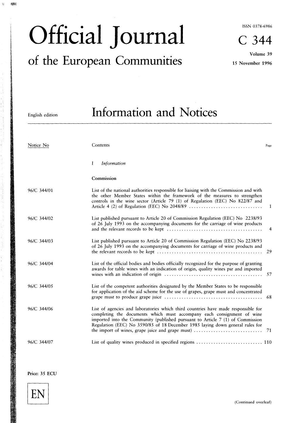 Official Journal C 344 Volume 39 of the European Communities 15 November 1996