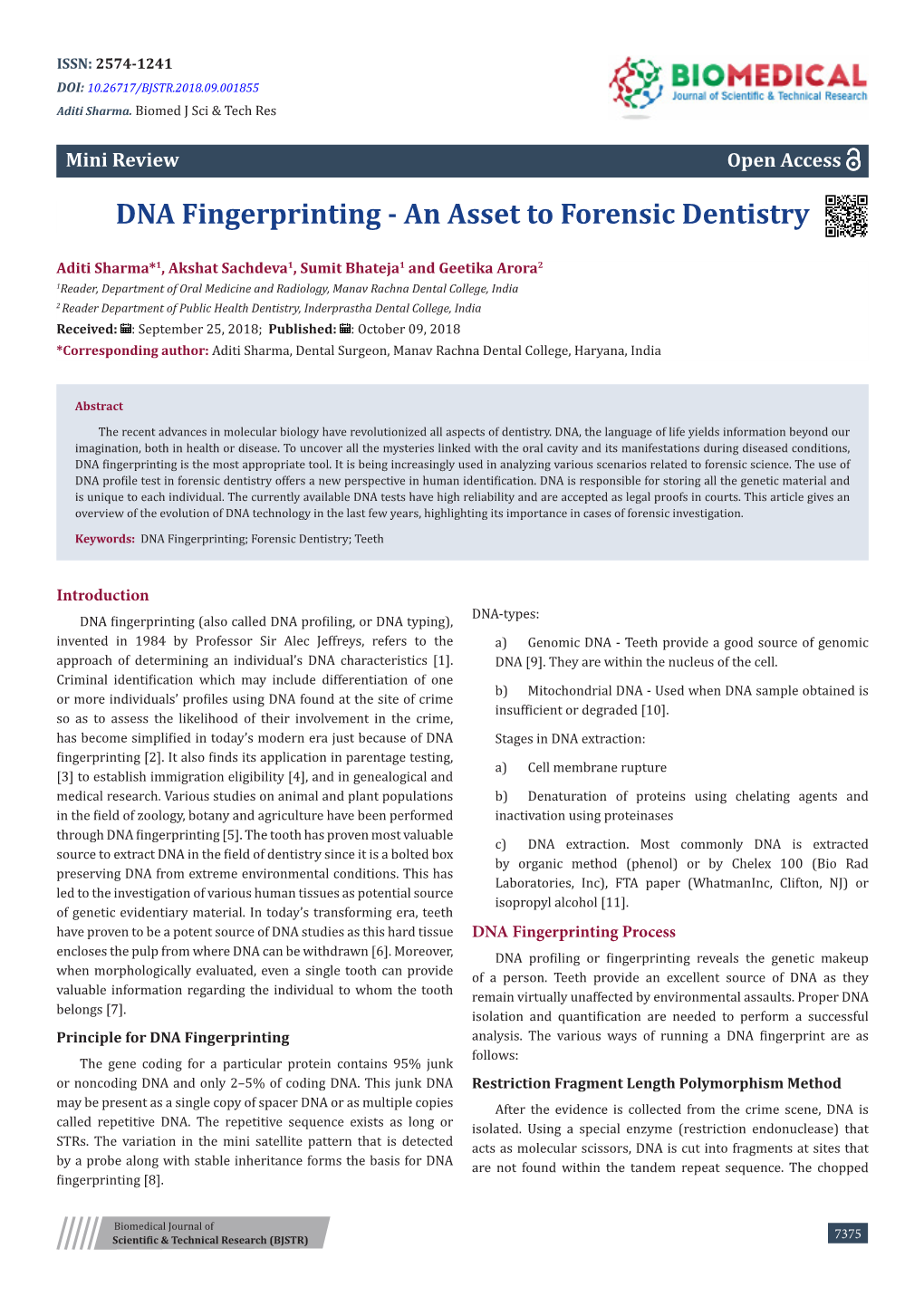 DNA Fingerprinting - an Asset to Forensic Dentistry