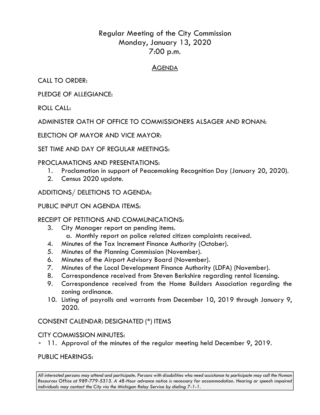 Regular Meeting of the City Commission Monday, January 13, 2020 7:00 P.M