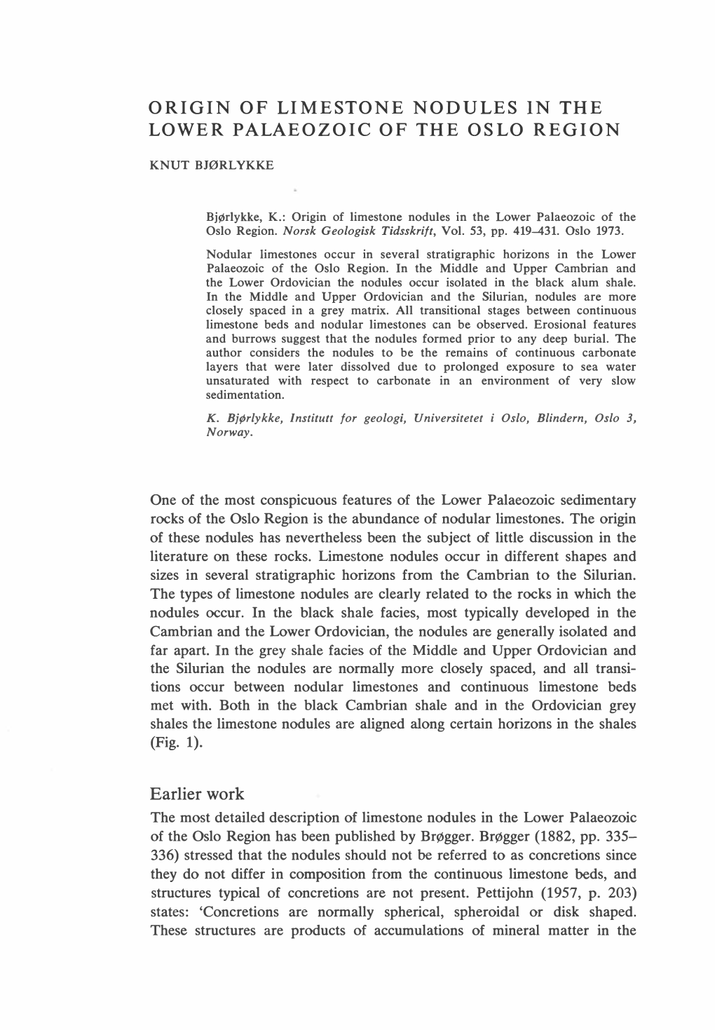 Origin of Limestone Nodules in the Lower Palaeozoic of the Oslo Region