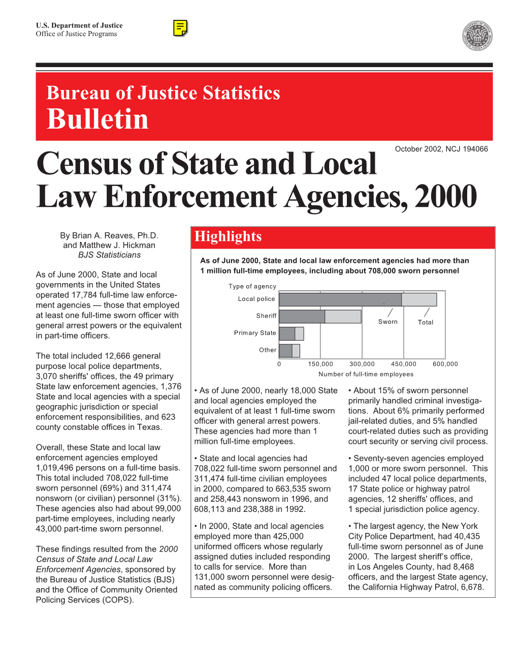 Census of State and Local Law Enforcement Agencies, 2000