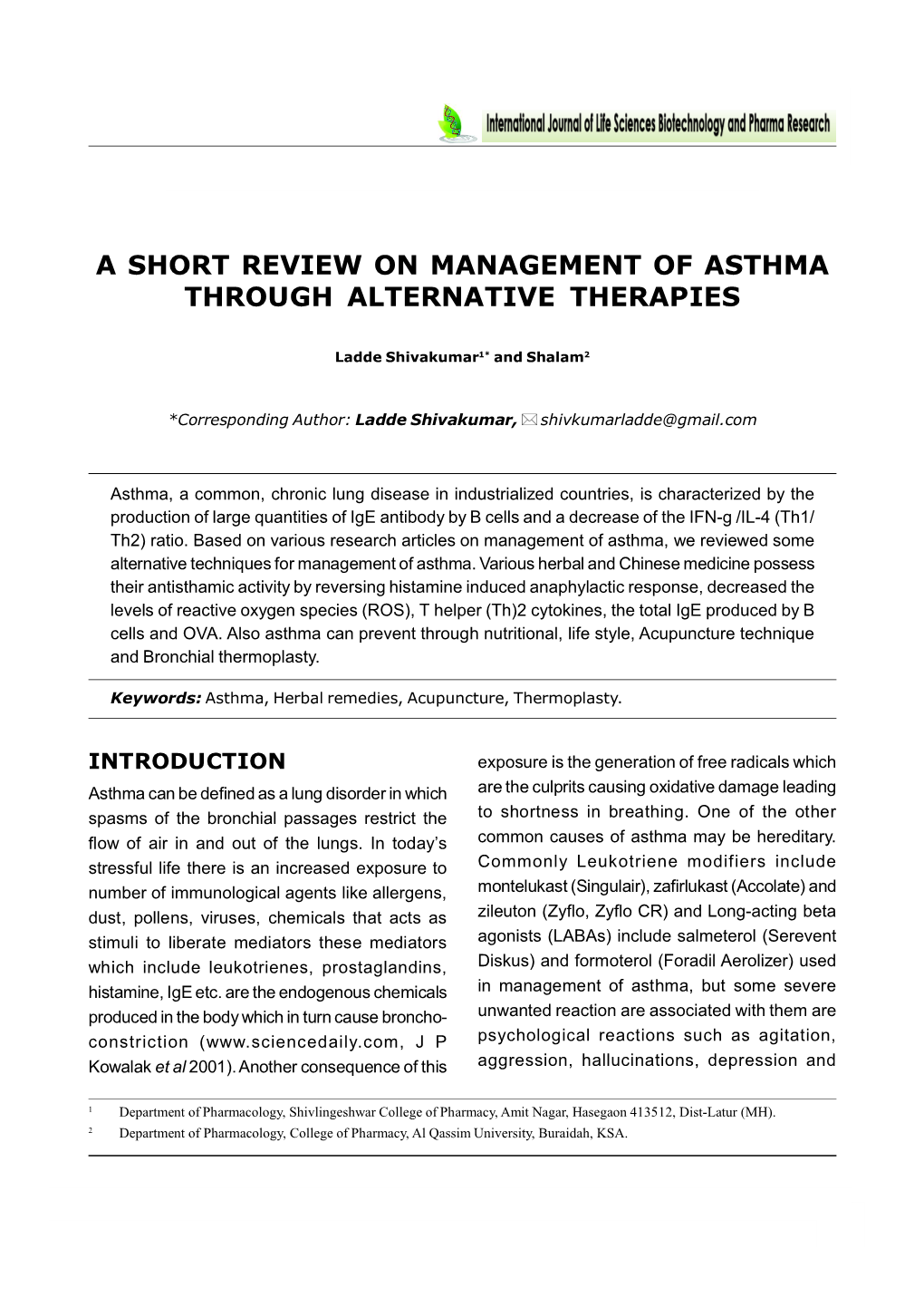 A Short Review on Management of Asthma Through Alternative Therapies